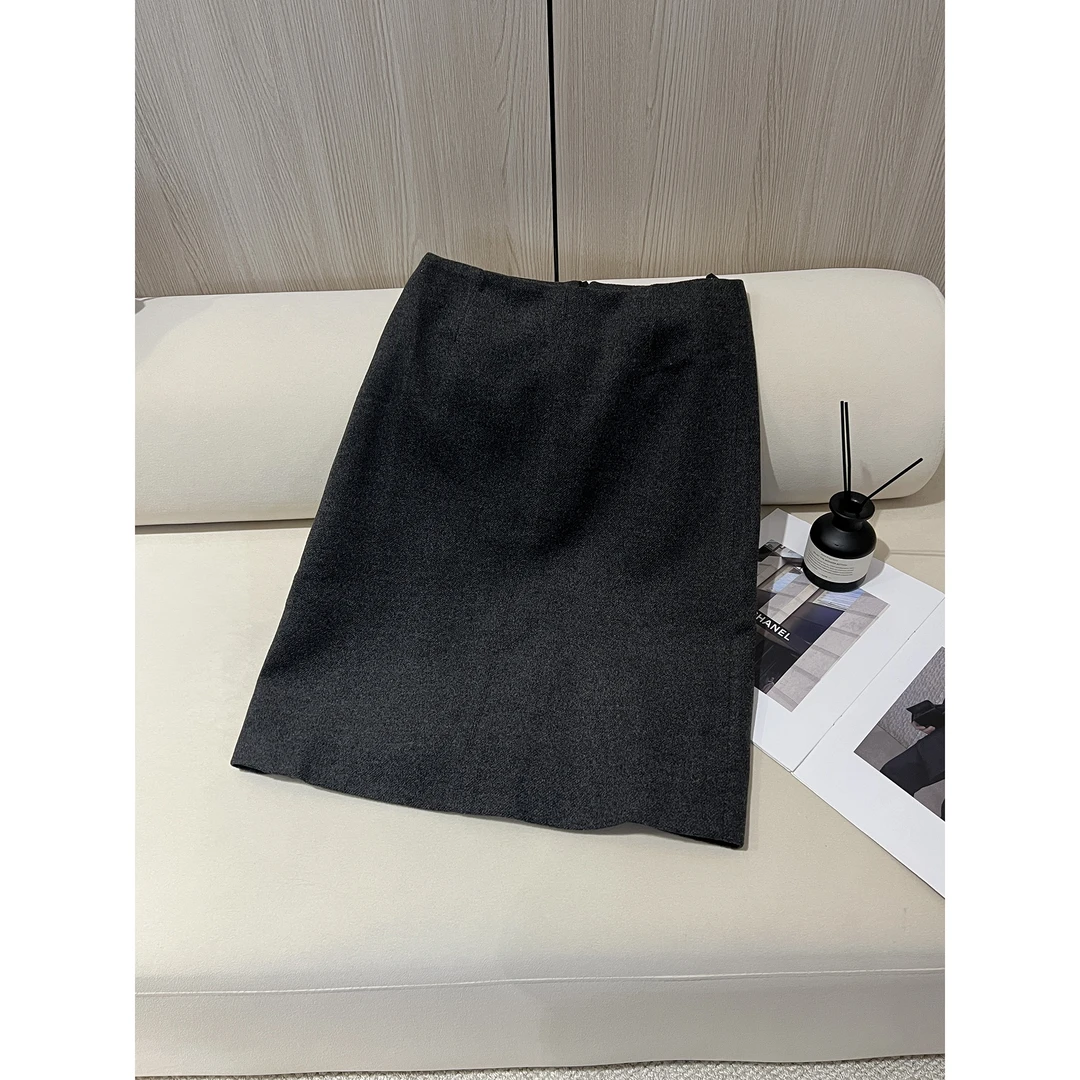 后开叉深灰色直筒中裙 半身裙8395