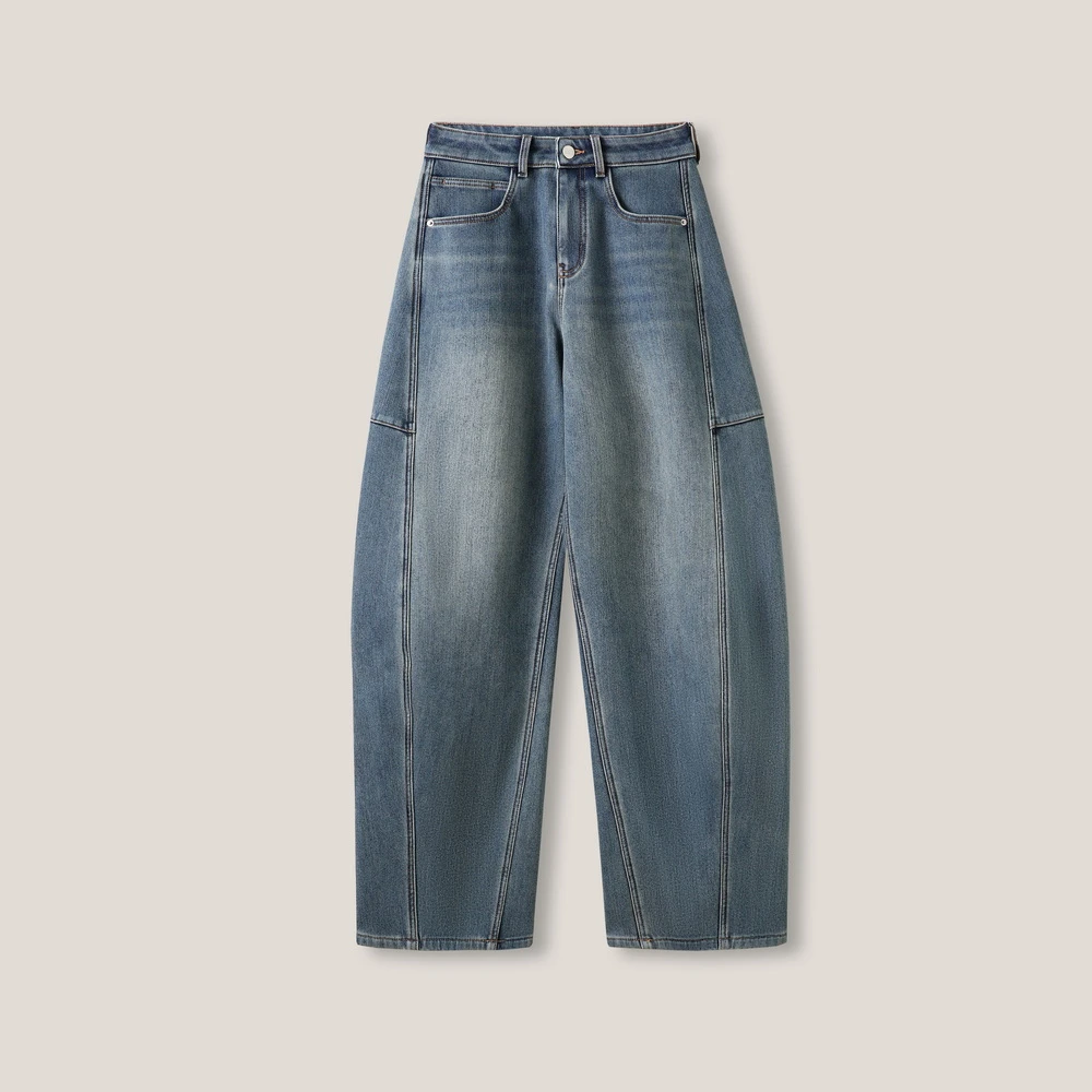 “优越比例”秋冬新款高腰弧形阔版蚕丝羊毛牛仔裤GDNZ159