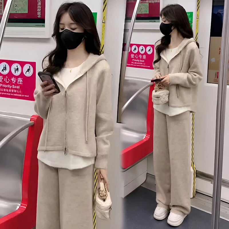 休闲运动套装女2025春秋新款宽松假两件针织连帽卫衣阔腿裤两件套