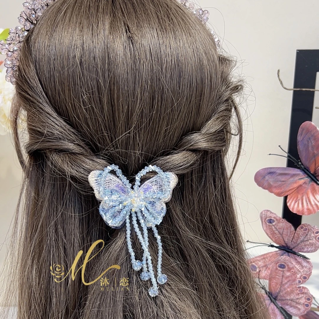 E179【蓝色蝴蝶流苏复古网红鸭嘴夹】发饰气质超仙头饰