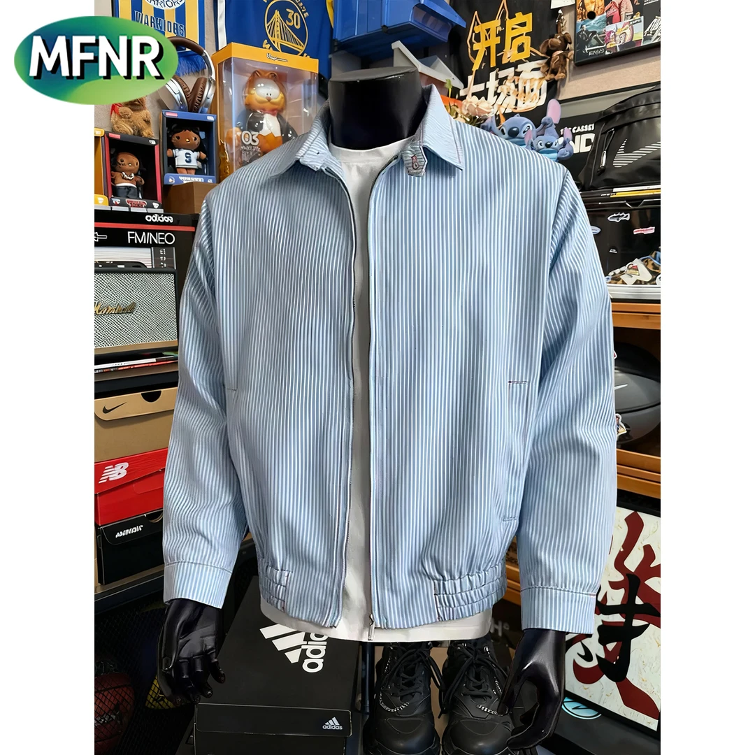 秋季新款翻领蓝白条纹夹克男街头小众百搭休闲潮牌情侣棒球服外套