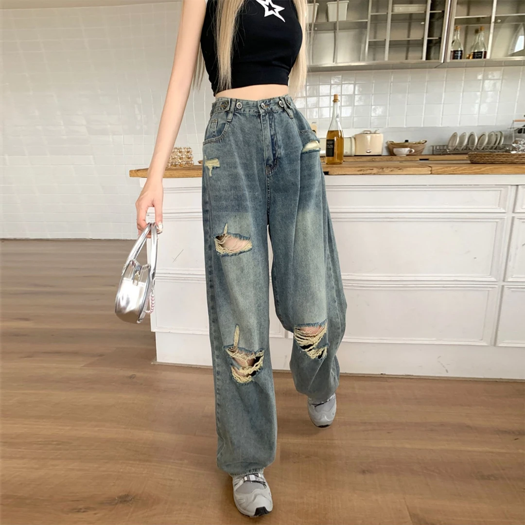 300斤特大码女装复古高街风蓝色破洞牛仔裤女2025新款宽松阔腿裤