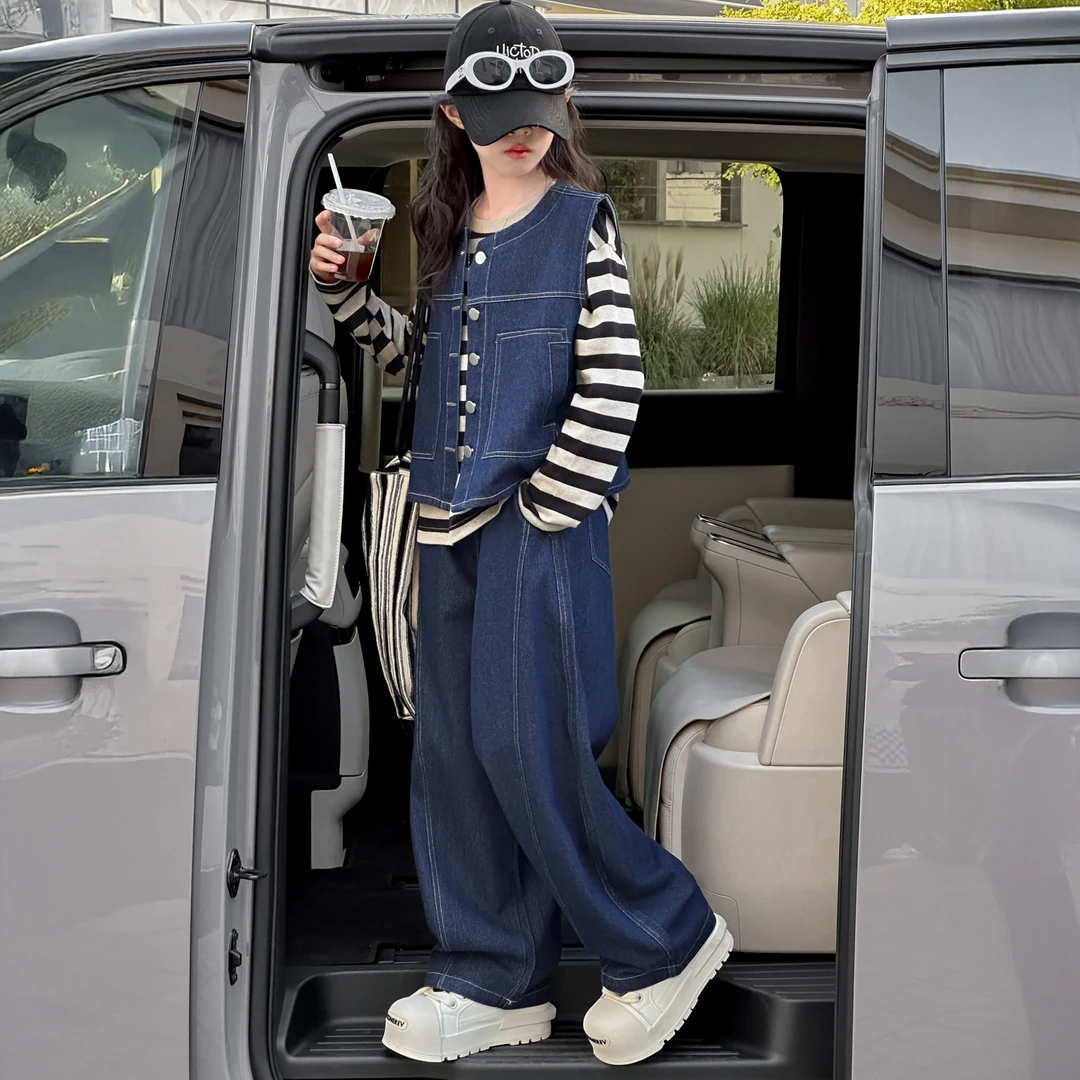 女童秋装网红套装2025年款衣服儿童春秋休闲中大童潮款牛仔三件套