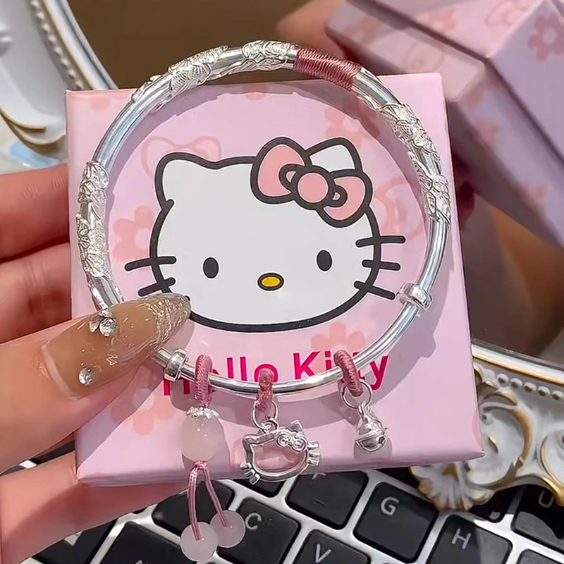 足银手镯繁花Kitty猫999纯银手镯女镯子可爱七夕礼物520送女友