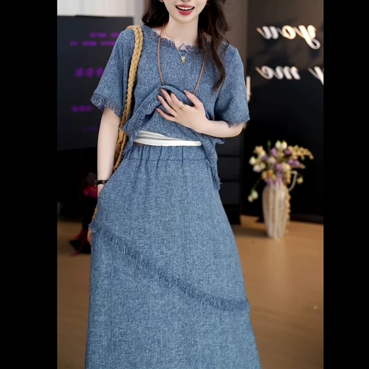 2#25春夏新款短袖小香风套装女设计感简约大方百搭休闲长裙两件套