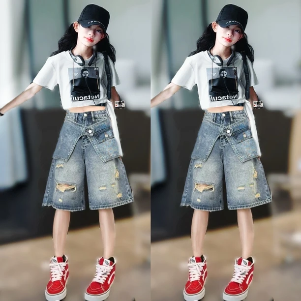 女童夏季薄款假两件破洞封腰五分牛仔裤短袖套装中大童美式复古