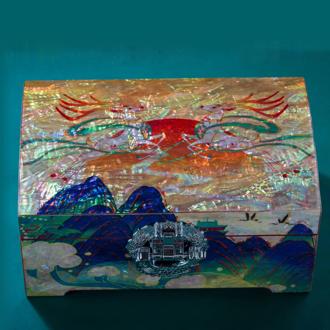 亚美龙传统工艺螺钿漆器九色鹿珠宝首饰盒结婚生日礼品手工时尚