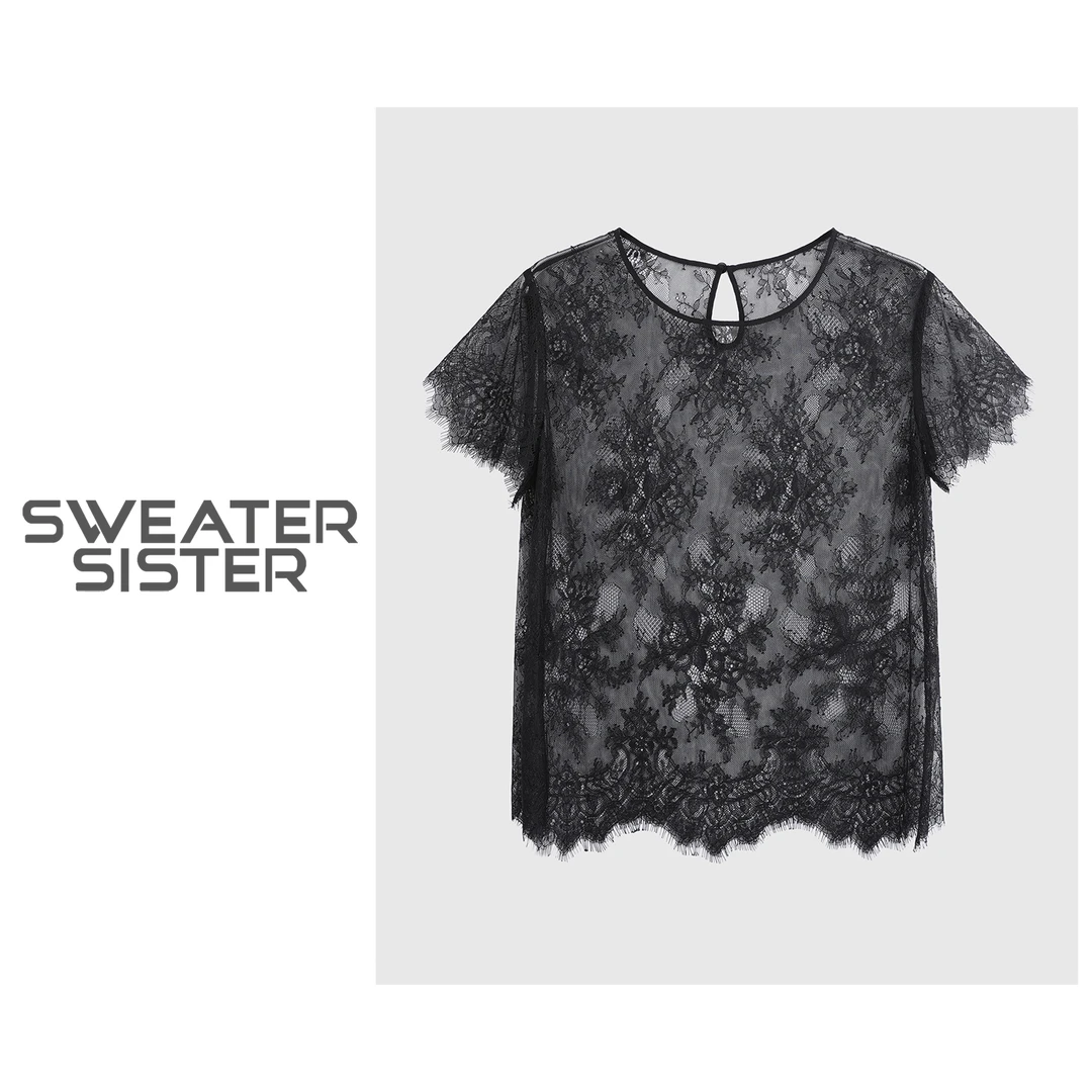 韩系圆领蕾丝拼接透视短袖T恤女209-487