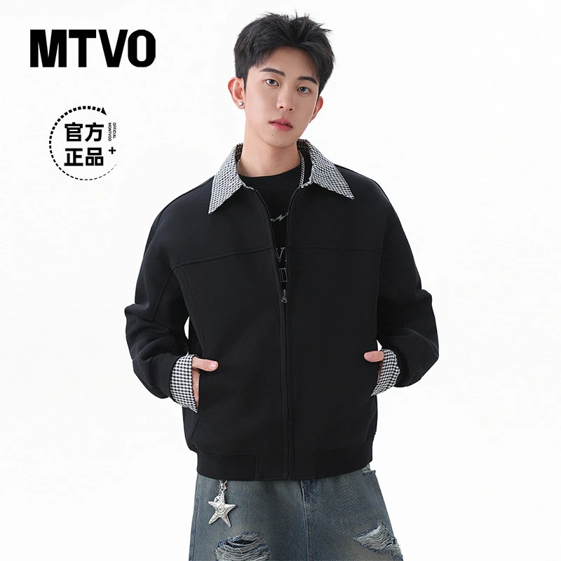 迈特优美式复古格子拼接开衫卫衣男高级感潮牌宽松重磅外套6866