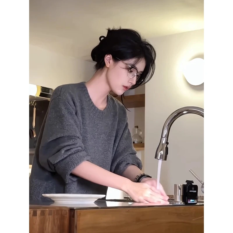 深灰色重磅圆领毛衣男款秋冬高级感慵懒风打底针织衫美式潮牌外套