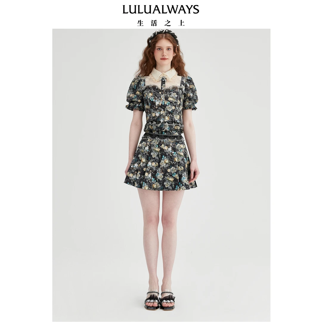 LULUALWAYS【商场同款】25夏季新款甜美蕾丝复古印花泡泡袖衬衫女