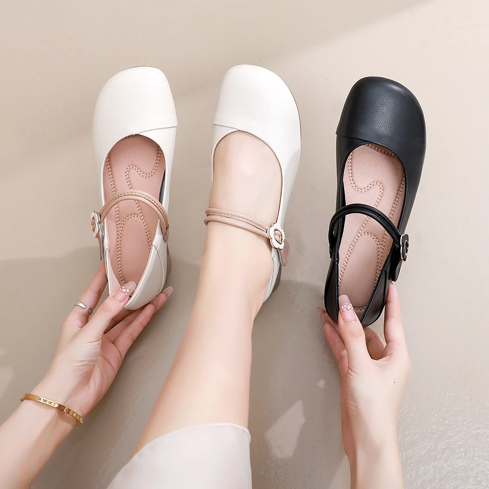 真皮玛丽珍鞋2025百搭新款软底皮鞋平底单鞋圆头白色舒适浅口女鞋