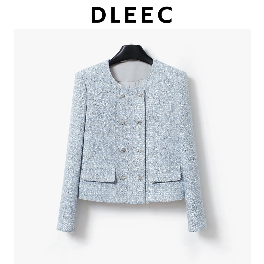 DLEEC法式清新优雅风格晴天蓝小香风花呢外套通勤精致百搭上衣