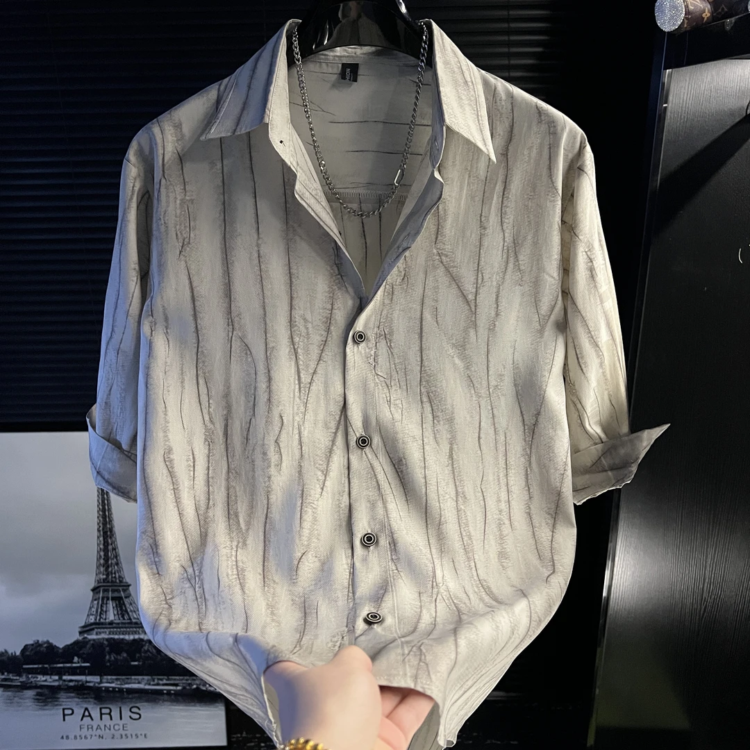 YY-莱赛尔天丝男士衬衫时尚七分袖开衫商务休闲衬衣宽松大码男