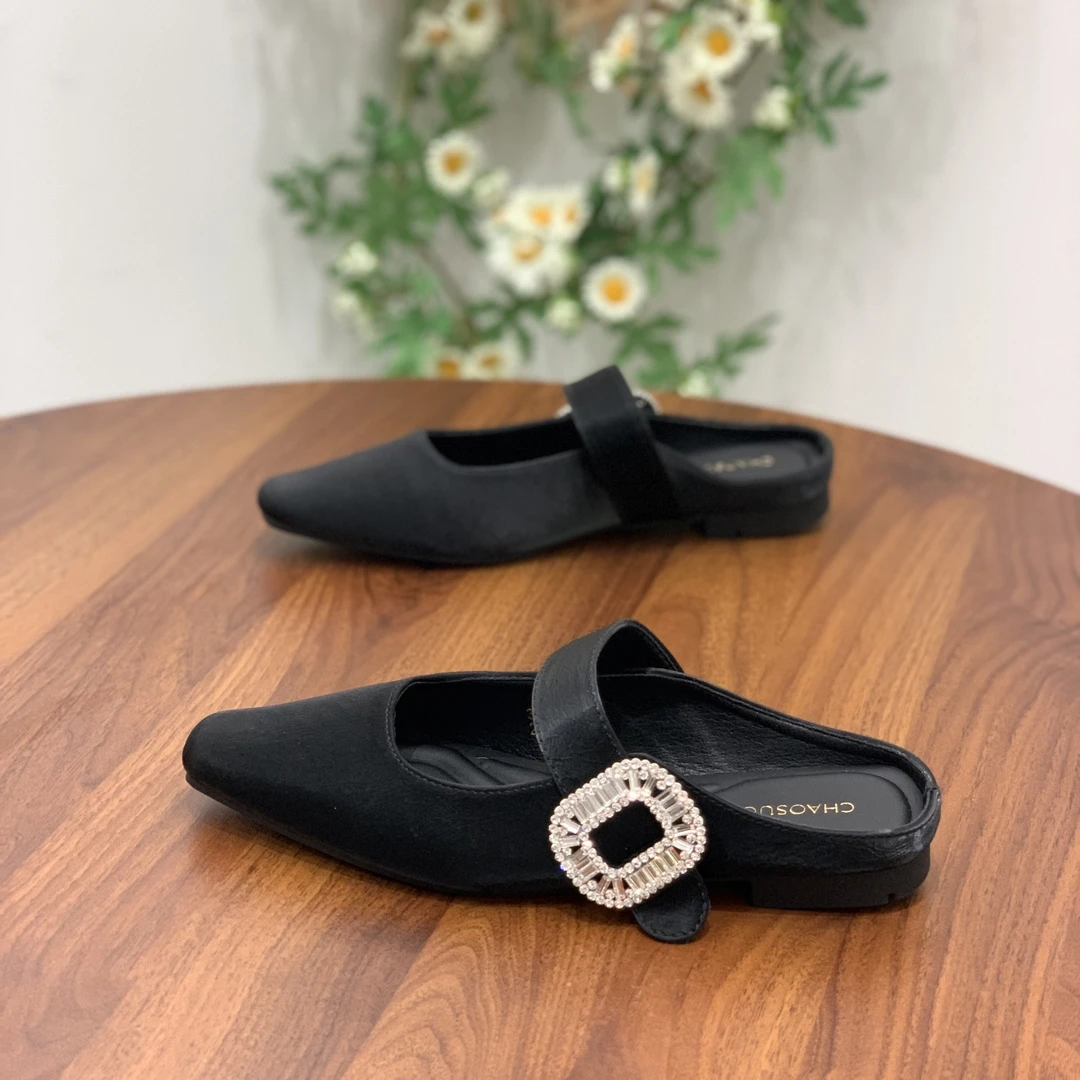 法式平底魔术贴单鞋女2025年春夏新款一脚蹬配裙子复古包头半拖鞋