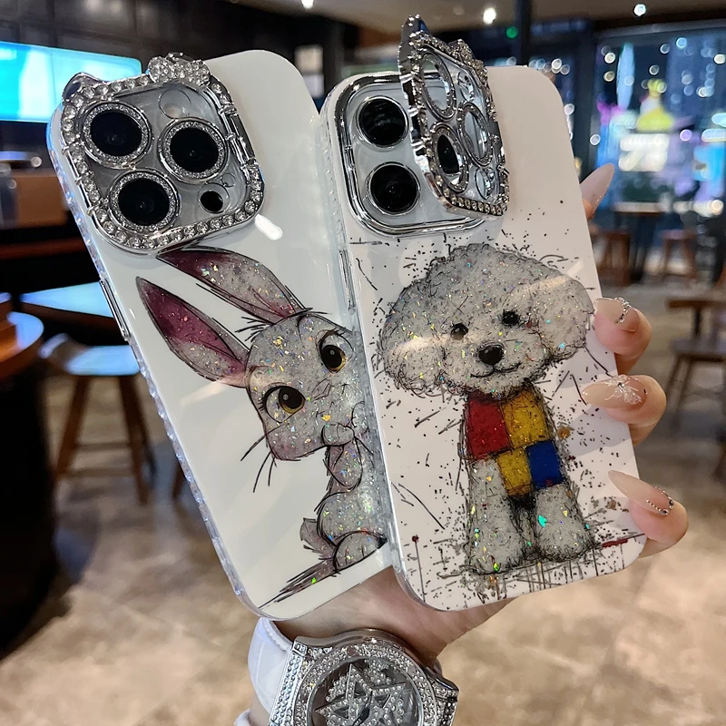 适用苹果系列iPhone16新款手机壳比熊小狗配猫咪一体支架钻框全包