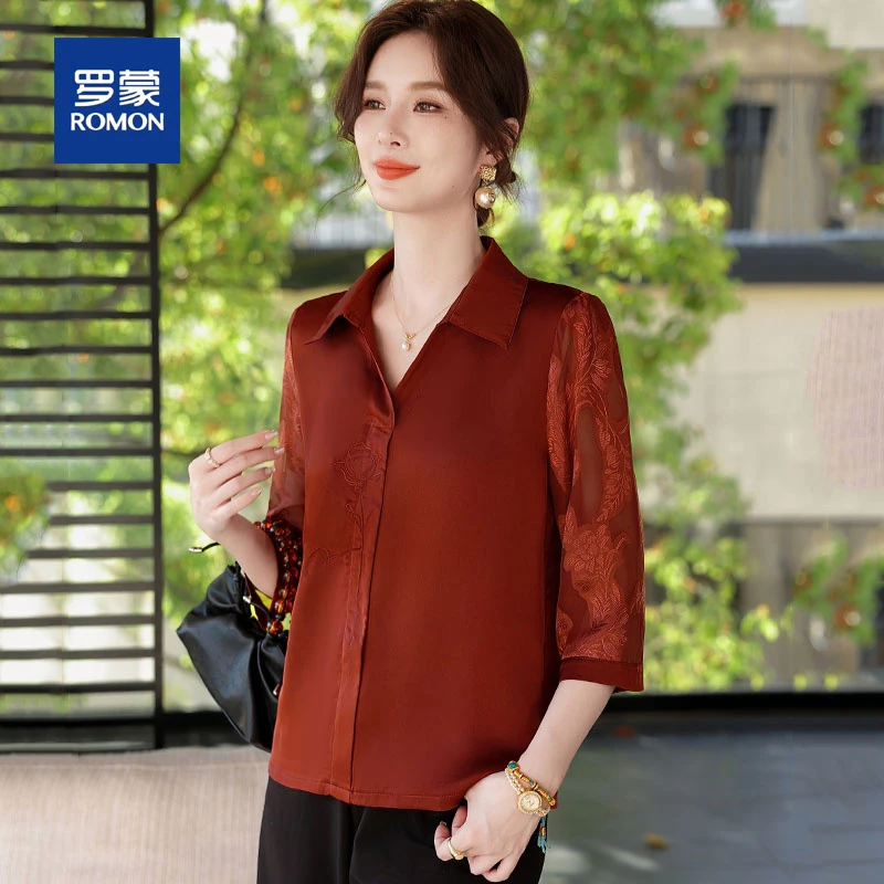 罗蒙中年妈妈夏季气质小衫套装女中老年雪纺衬衫贵夫人提花上衣女