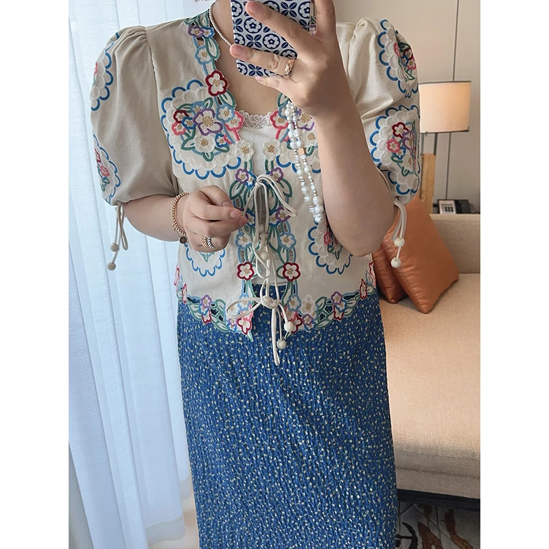 【DIS 现货】【锦绣繁花】夏季彩色花卉刺绣镂空V领衬衫Z525Z10202