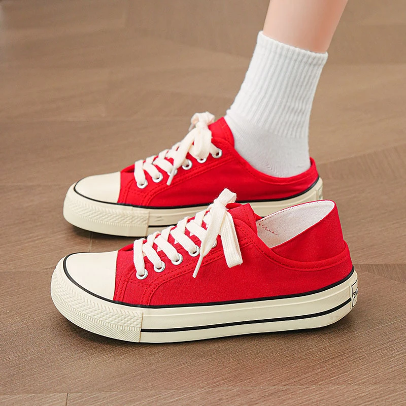 芒果头踩跟两穿帆布鞋女2025春夏薄款透气懒人一脚蹬厚底休闲板鞋