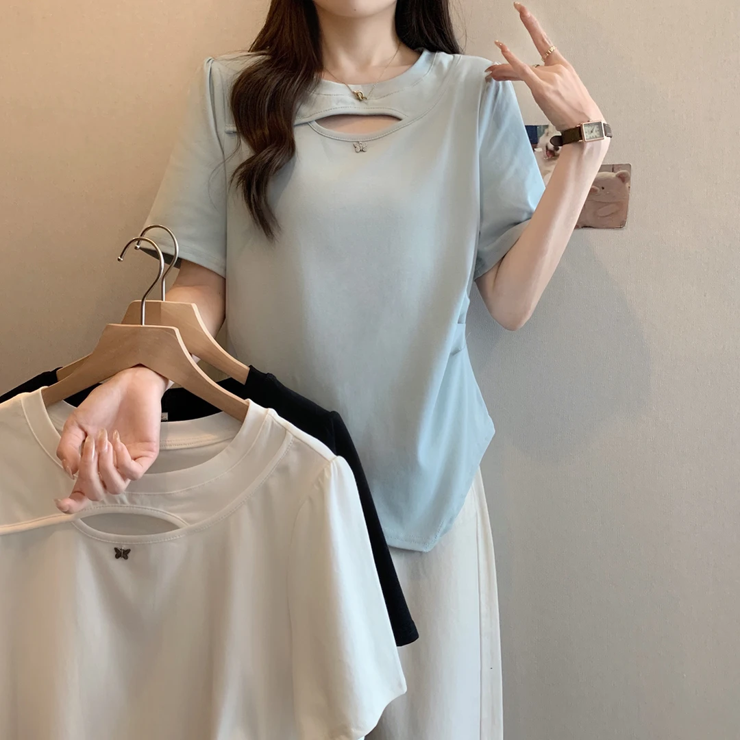 2025夏季新款胖mm大码女小众镂空正肩短袖t恤收腰褶皱不规则上衣