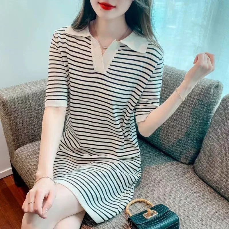 2122-【雪儿】】小香风修身显瘦polo领短袖针织连衣裙冰丝条纹t恤裙