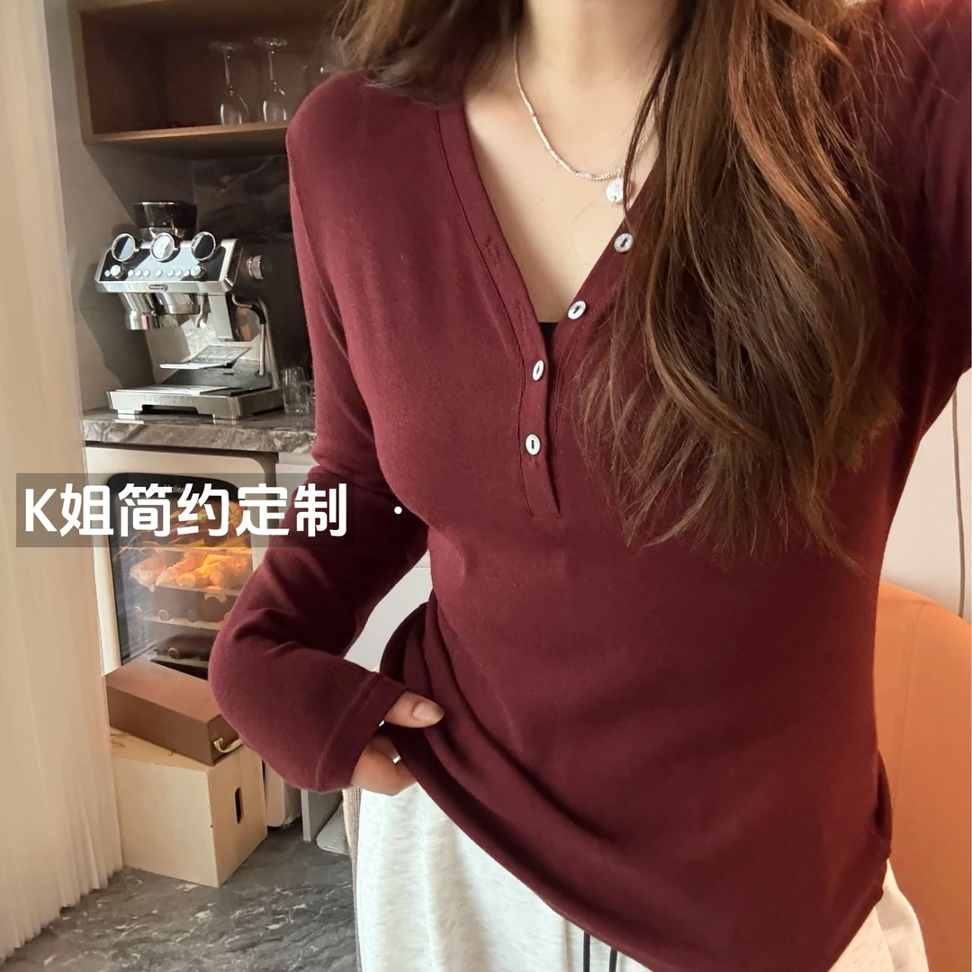 GTNER“KK定制”女春新款简约时尚气质百搭修身V领长袖T恤D1721