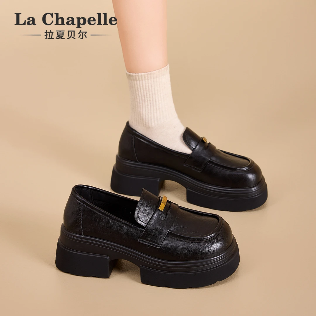 拉夏贝尔百搭乐福鞋女款2025新款爆款休闲风小皮鞋增高厚底单鞋女