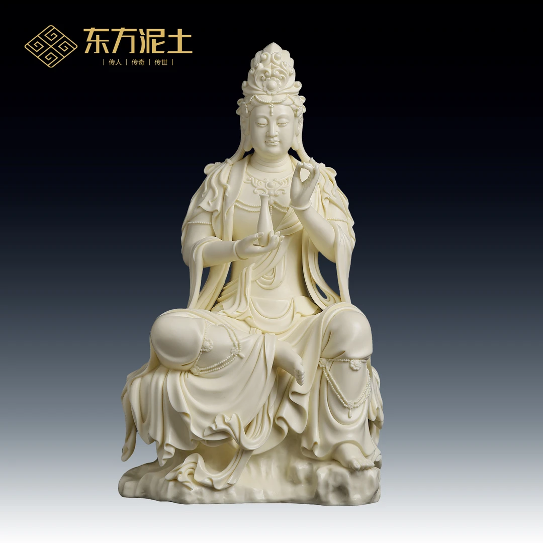 东方泥土坐岩自在观音陶瓷瓷像家用平安新中式客厅工艺品摆件
