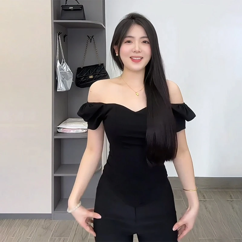 法式黑色一字肩立体鱼骨束身高级感抹胸夏季修身显瘦短袖t恤女