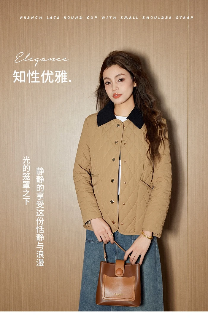 高奢版  撞色翻领菱形格短款外套
