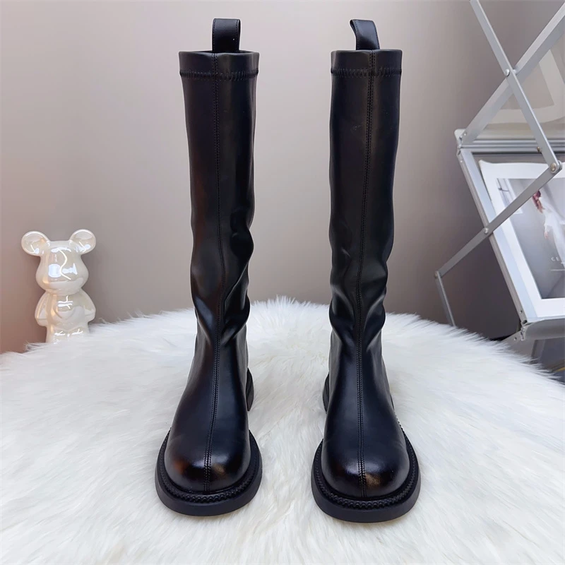 高个子薄底长筒靴女2025秋冬加绒时装靴平口女靴胖妹妹加肥骑士靴
