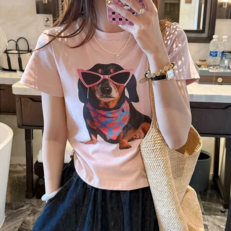 【你好酷狗】2025夏季设计款可爱甜美风卡通短袖印花潮流洋气修身