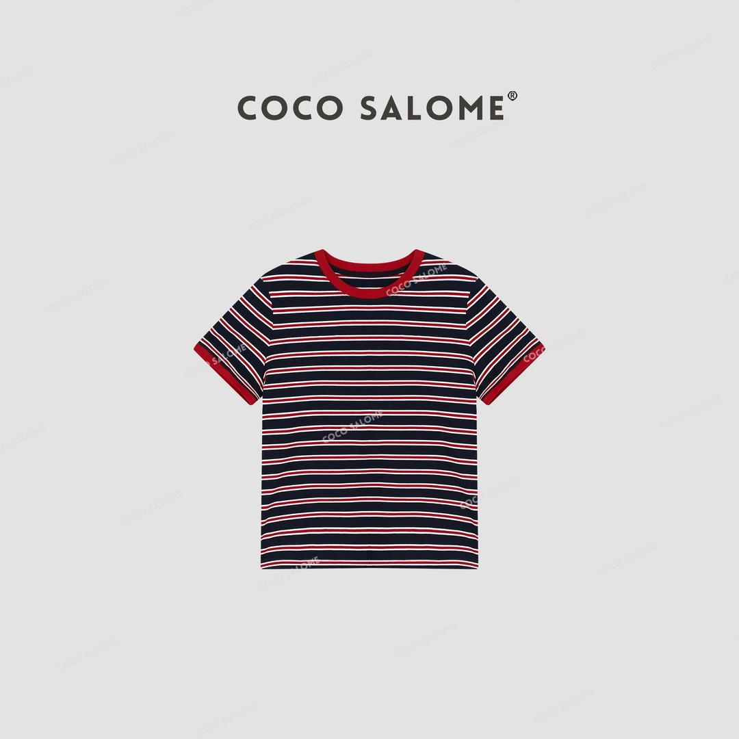 COCO SALOME⑥【樱桃】2025早春撞色条纹圆领休闲女士针织短袖962K