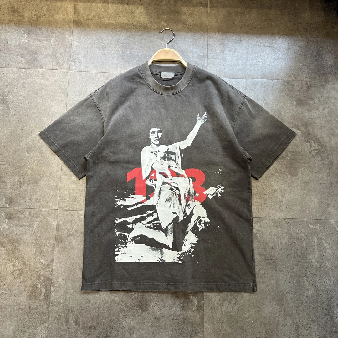 欧美300g重磅美式宽松蜡染做旧数字美潮字母体恤男女短袖T恤