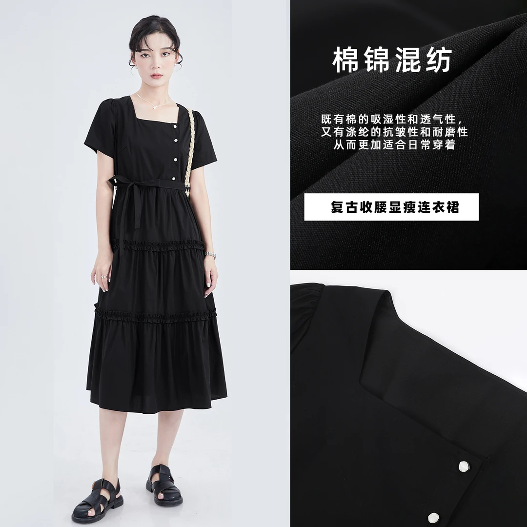 方领连衣裙女装2025新款夏季法式复古收腰显瘦气质裙子LQ0142