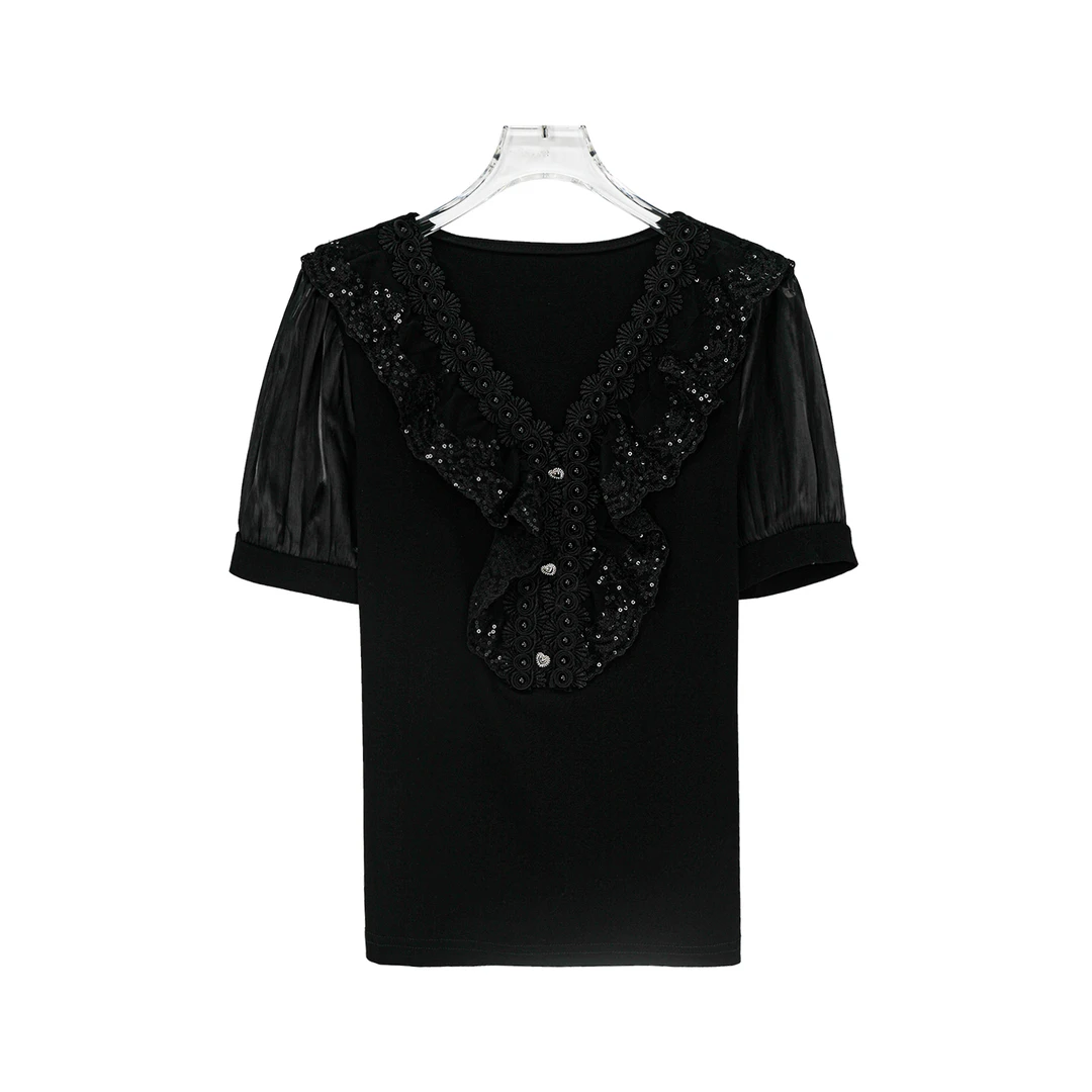 重工轻奢T恤气质时尚夏季短袖黑色洋气X26298