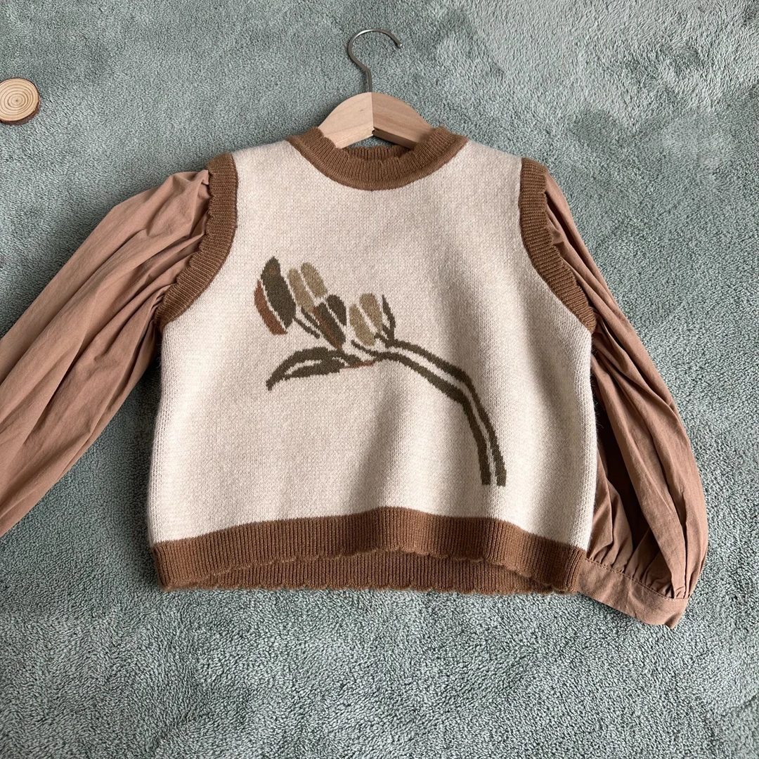 女童假两件套头针织复古时尚针织衫儿童翻领拼接百搭圆领毛衣