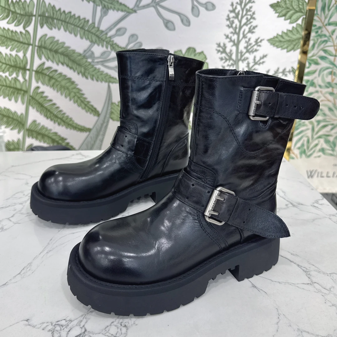 新款牛皮女靴女黑色粗跟靴子黑色百搭皮带扣皮靴马丁靴侧拉链