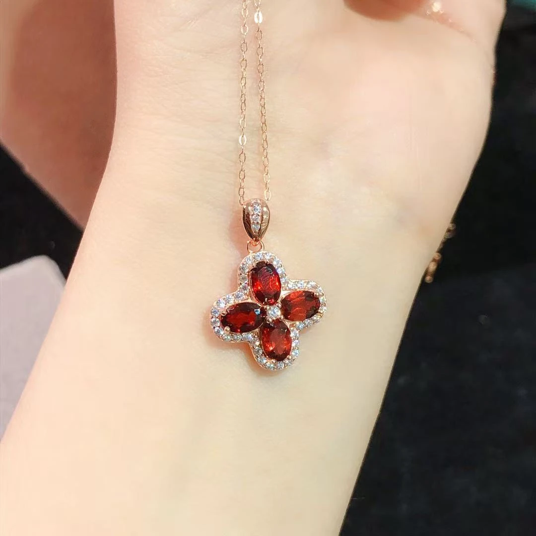天然红石榴石吊坠s925纯银镶嵌精致百搭红色系女人之石