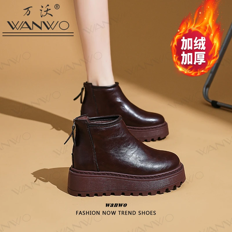 WANWO/万沃棉靴女高帮短靴加绒棉鞋2024冬季新款厚底女鞋保暖搭子