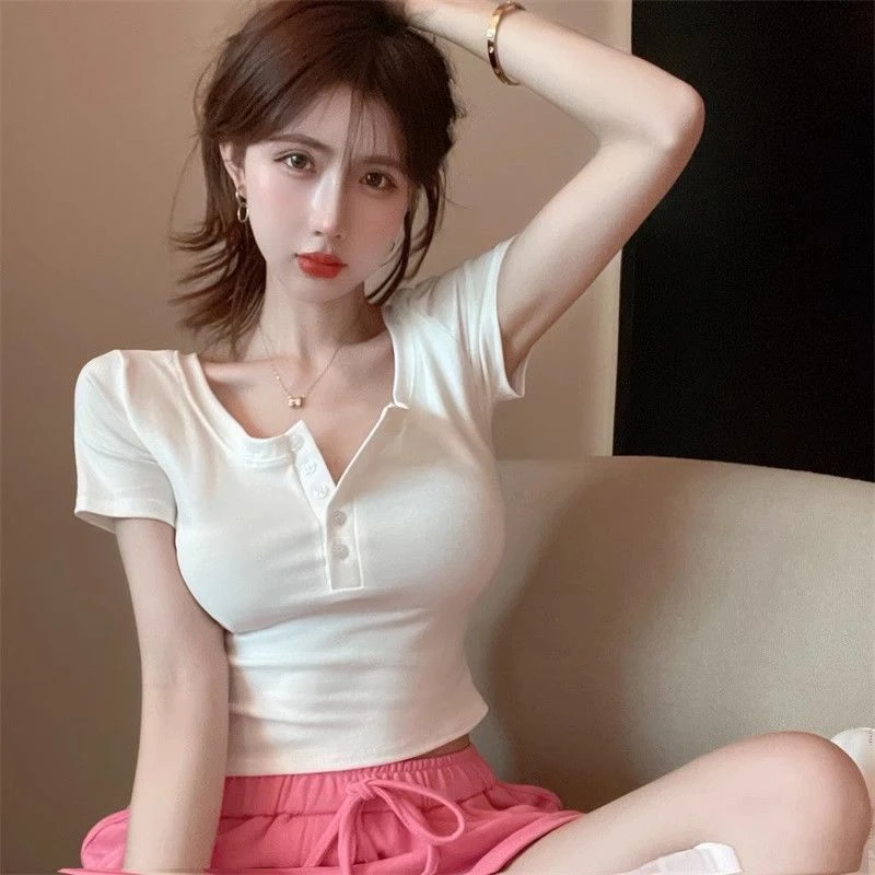 弹力紧身纯欲风短袖t恤女夏季修身短款高腰露脐洋气减龄辣妹上衣