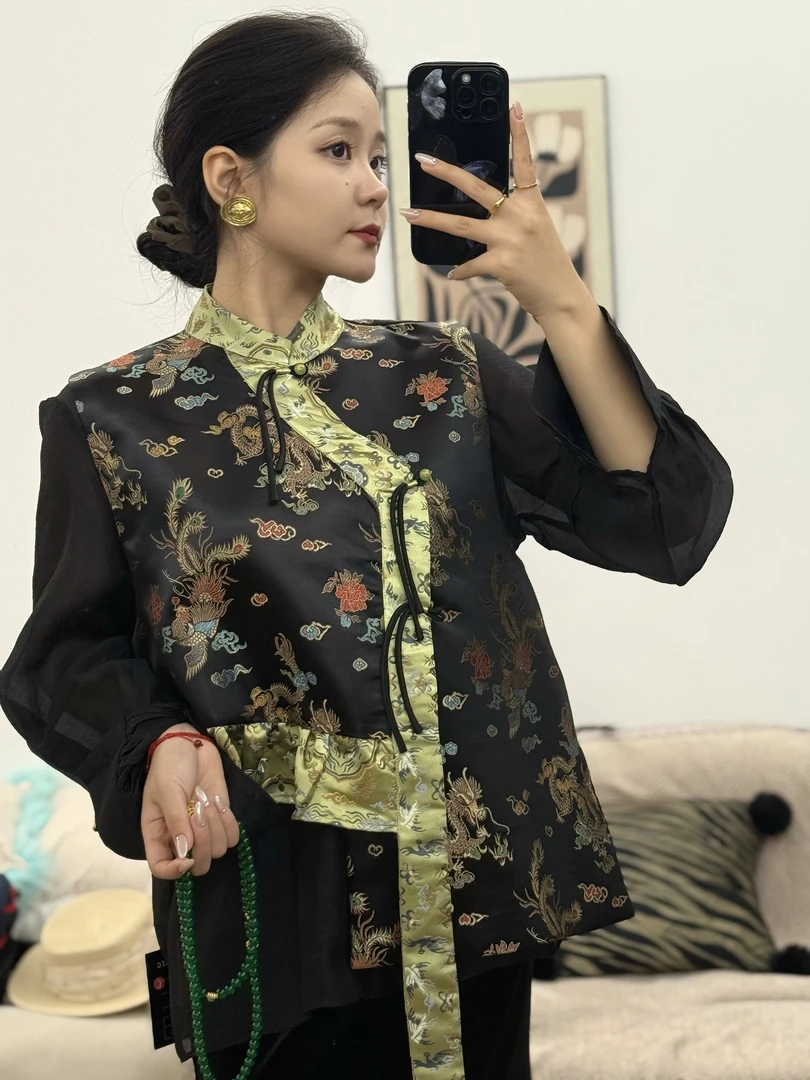 新中式斜襟四季醋酸提花马甲上衣轻奢立领拼接-831
