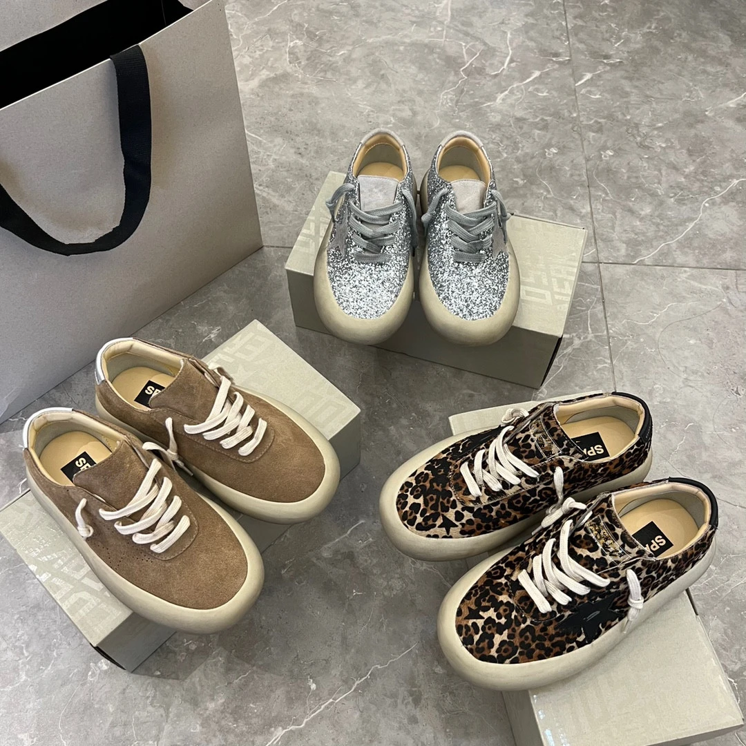 高定经典Spa棕色豹纹亮片面包鞋做旧星星小脏鞋女内增高休闲板鞋