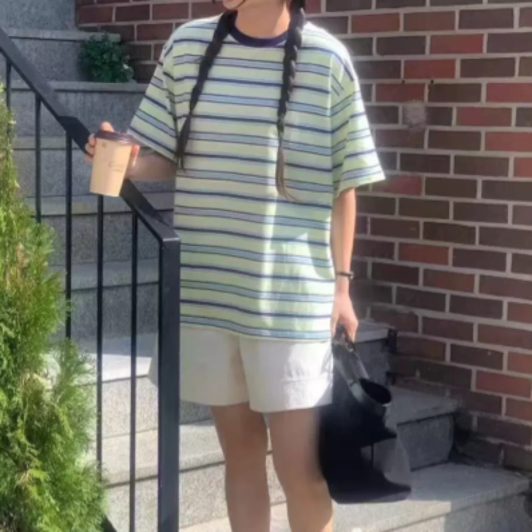 韩国东大门代loring rei2025夏新款宽松拼色条纹短袖T恤