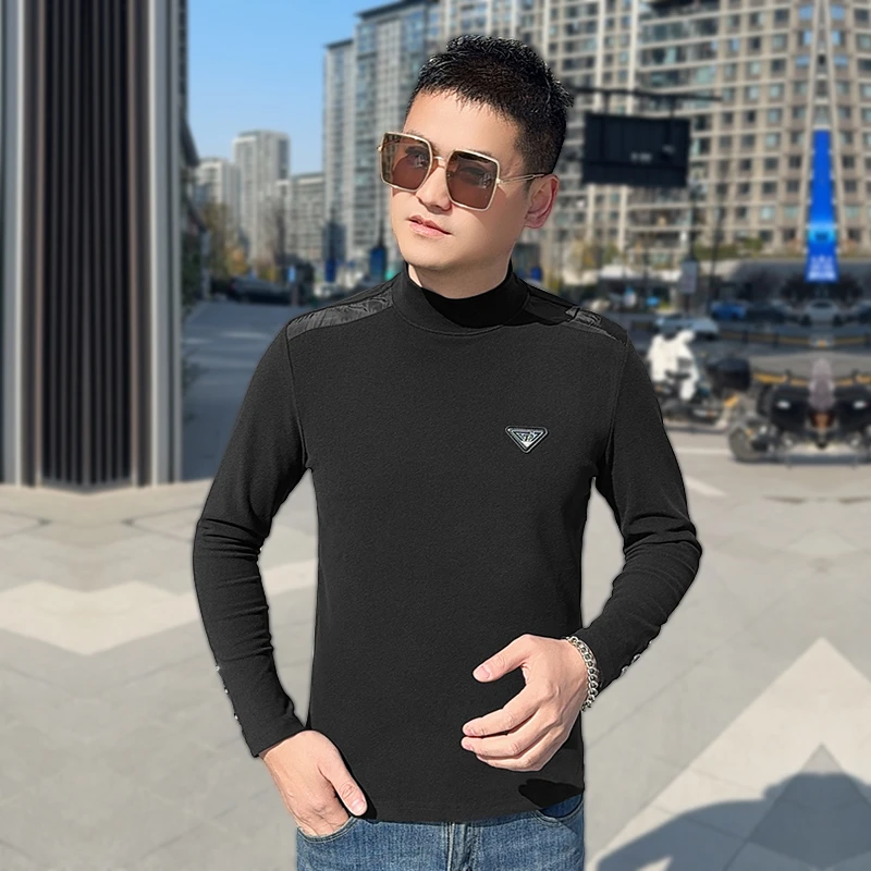 黑色打底衫男士韩版长袖T恤男保暖半高领打底衫男款修身时尚男装