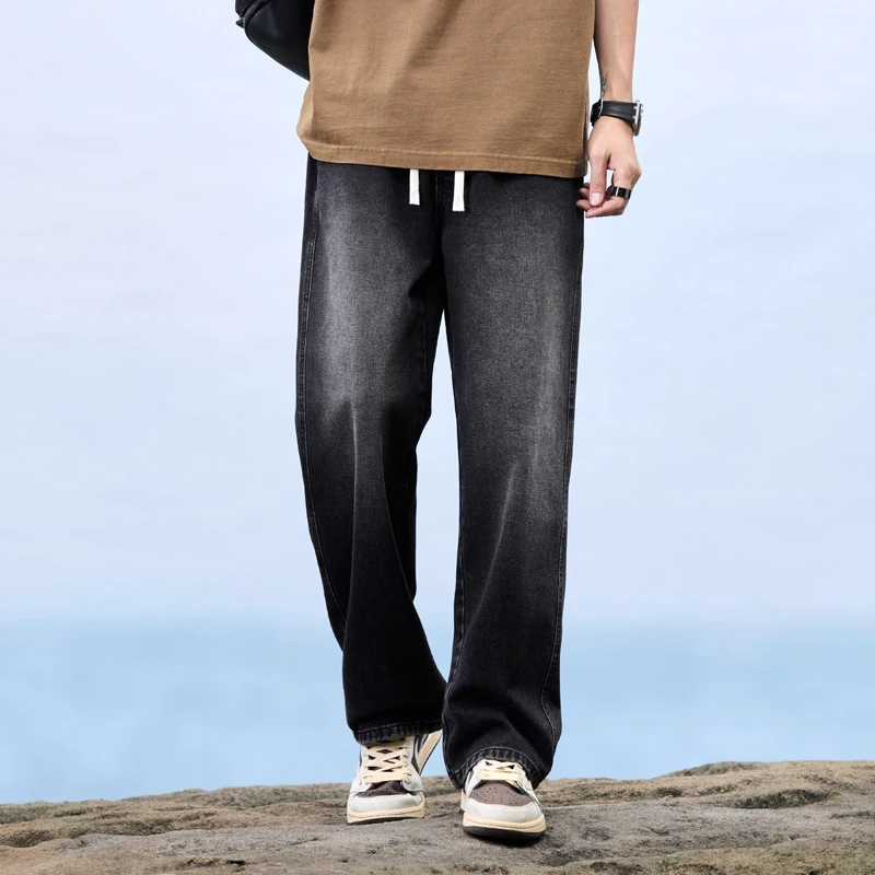 黑色牛仔裤男秋季新款裤子男士美式宽松男士弯刀长裤青少年直筒裤