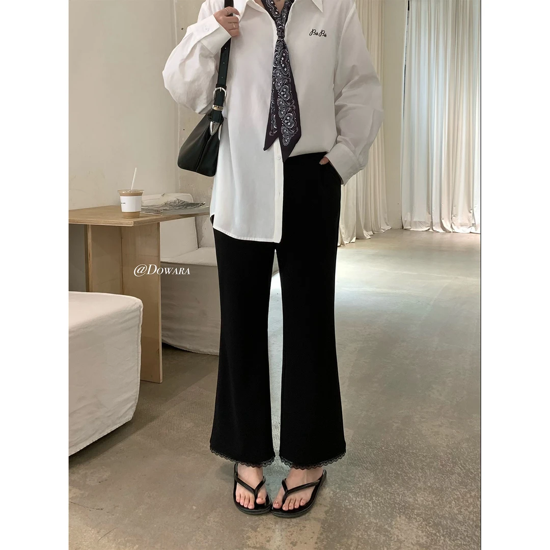 现货大婉酱微胖定制蕾丝拼接设计微喇九分瘦瘦裤春季垂感裤 6938D