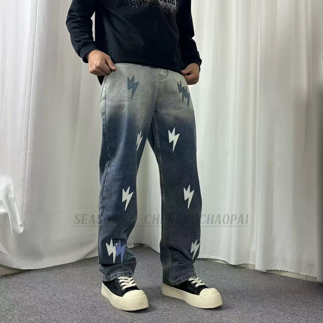 美式巴黎闪电水洗渐变宽松直筒牛仔裤秋季新款高街休闲风