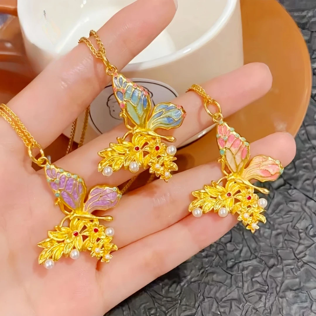 铜合金吊坠 精工古法珐琅彩浮光跃金蝴蝶吊坠国潮风百搭时尚饰品