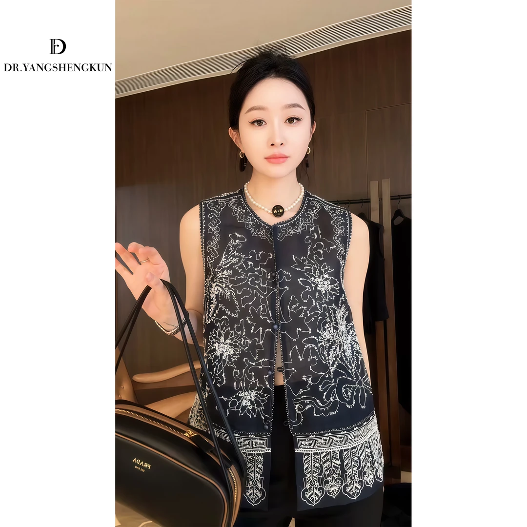 杨圣坤2025夏季新品新中式真丝欧根纱重工刺绣马夹背心女L2561142